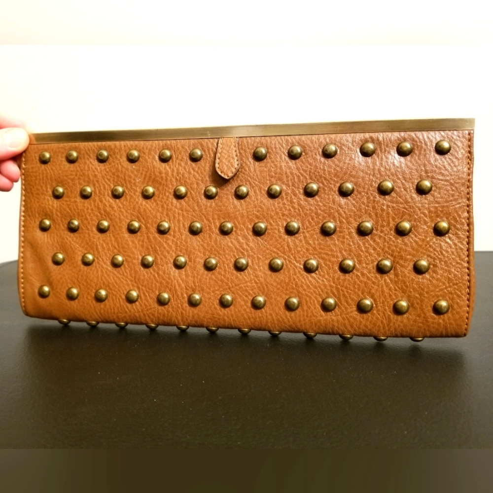 Y2K STUDDED CLUTCH BROWN FAUX LEATHER SLIM 90S PREPPY DOLLS KILL CLUB GIRLS NITE